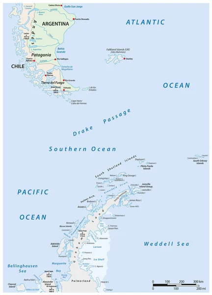 Karte Des Gebiets Zwischen Patagonien Und Der Antarktischen Halbinsel — Stockvektor