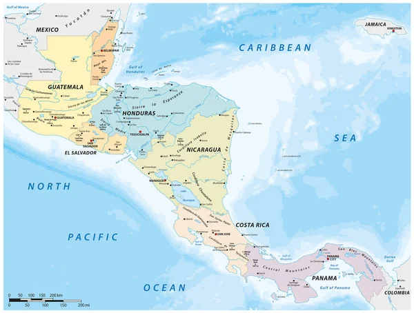 Detaillierte Vektorkarte Der Zentralamerikanischen Staaten — Stockvektor