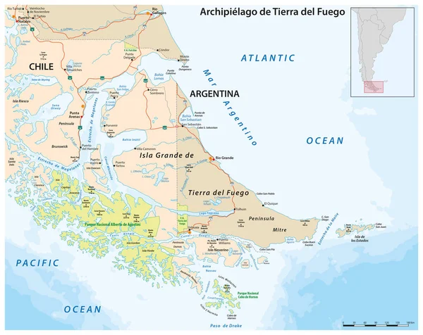 Mapa Tierra Del Fuego Archipiélago Extremo Sur América Del Sur — Vector de stock
