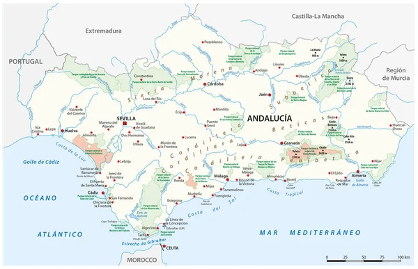 Mapa Los Parques Nacionales Naturales Andalucía Español — Vector de stock