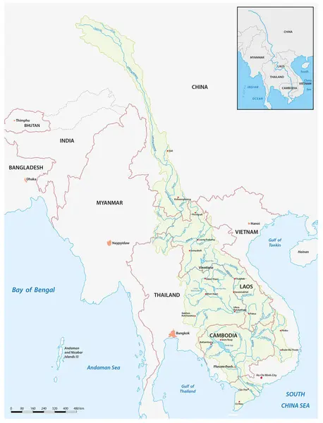Detailed Vector Map Mekong River — Stock Vector