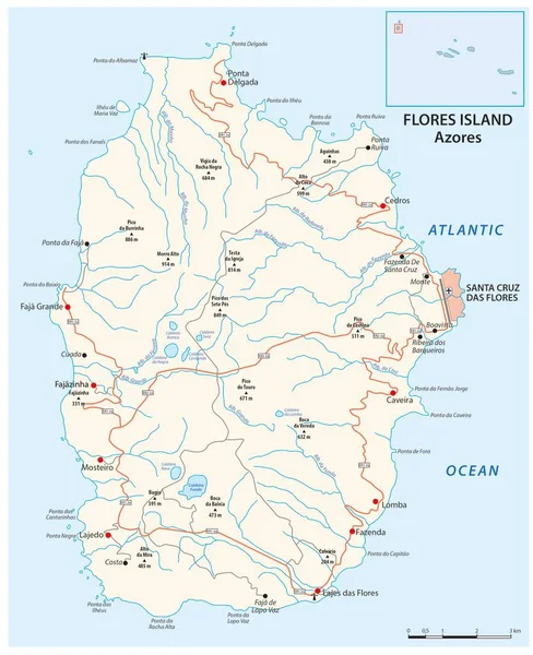 Road Map Portuguese Azores Island Flores — Stock Vector