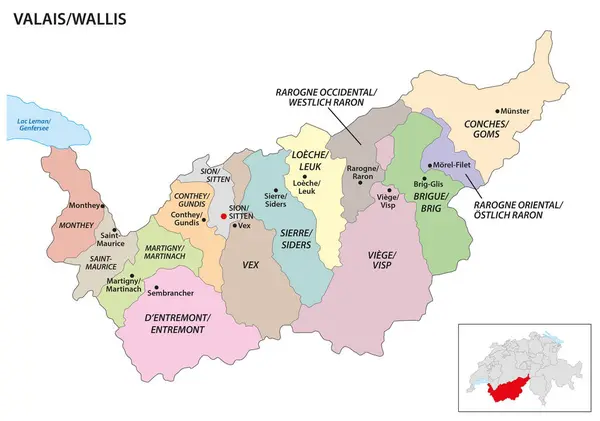 Mapa Distrito Administrativo Valais Canton Suíça — Vetor de Stock