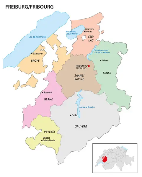 Mapa Administrativo Friburgo Cantón Suiza — Vector de stock