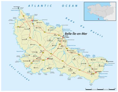 Fransa 'nın Belle-Ile-en-Mer adasının yol haritası.