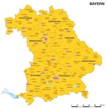 Almanya 'nın Bavyera eyaletinin idari vektör haritası