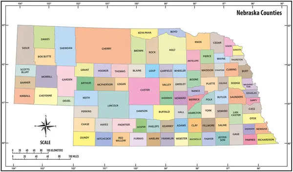 Carte Administrative Politique Couleur État Nebraska — Image vectorielle