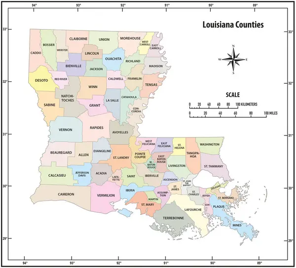 ルイジアナ州の州の色の概要マップ — ストックベクタ