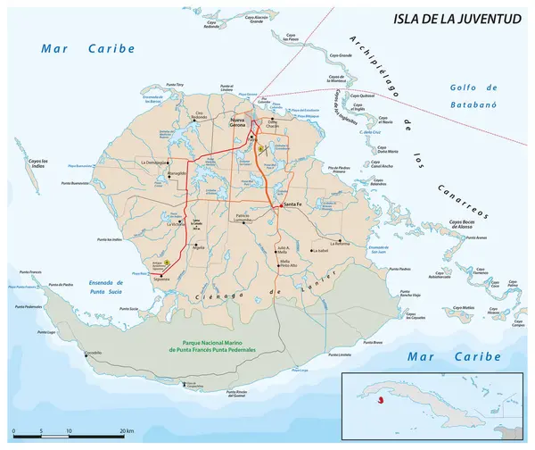 Mapa Estradas Vector Cuban Youth Island Isla Juventud — Vetor de Stock