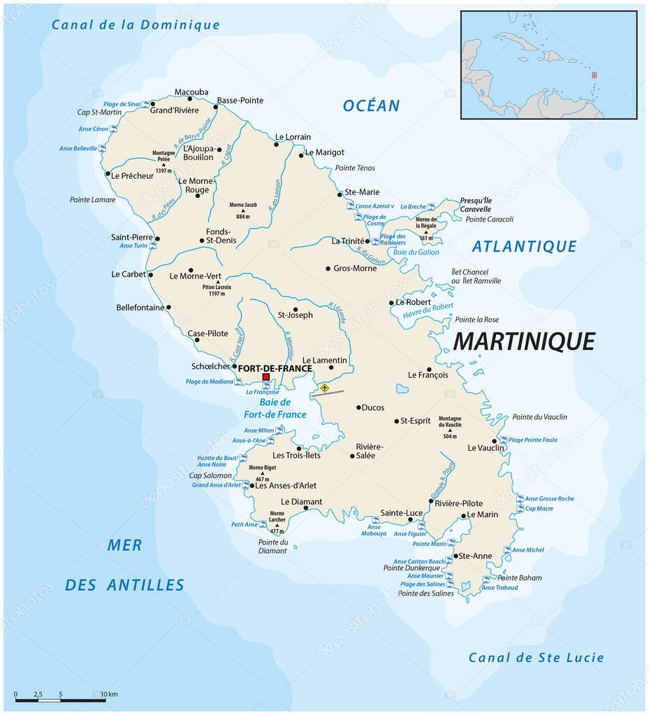 Vector map of the Caribbean island of Martinique, France