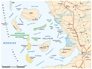 Almanya 'nın kuzeyinde Schleswig-Holstein Halligen' in Kuzey Frisian Wadden Denizi haritası