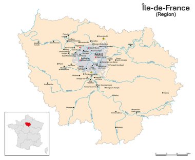 Map with the most important cities and rivers of the northern French region Ile-de-France clipart