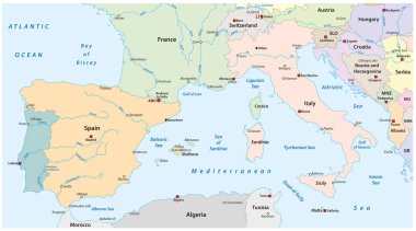 Güney Avrupa haritası. En önemli şehirler ve nehirler.