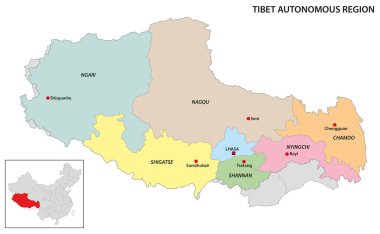 Tibet Özerk Bölge Haritasının İdari Bölümleri