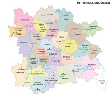 Münih, Bavyera, Almanya 'nın metropol bölgesinin idari vektör haritası