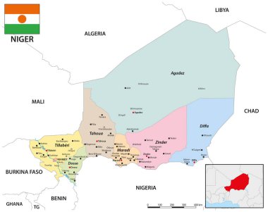 Batı Afrika devleti Nijer 'in idari vektör haritası