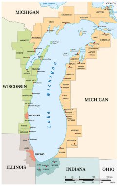 Michigan Gölü üzerindeki şehirlerin ve eyaletlerin haritası, Birleşik Devletler