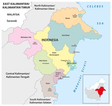 Administrative map of the Indonesian province of East Kalimantan, Borneo clipart