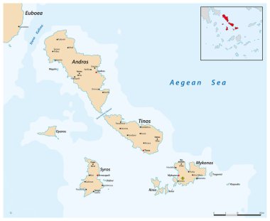 Yunan Cyclades adalarının haritası Andros, Tinos Syros ve Mykonos