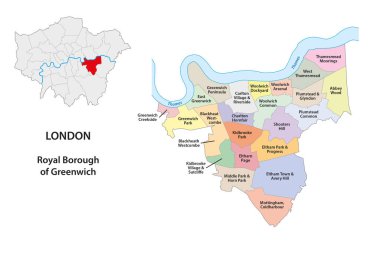 Vektör Haritası Greenwich Wards Kraliyet Borough, Londra, İngiltere