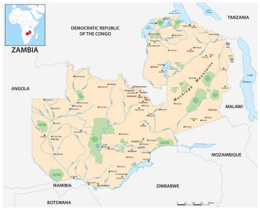 Afrika 'nın denize kıyısı olmayan Zambiya ülkesinin ayrıntılı haritası