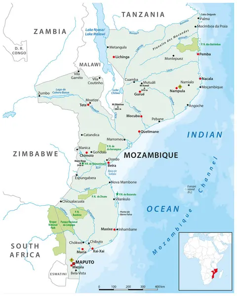 Güneydoğu Afrika Mozambik devletinin haritası.