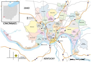 Cincinnati 'nin yol ve mahalle haritası, Ohio, ABD