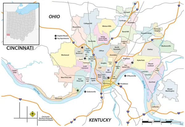 Cincinnati 'nin yol ve mahalle haritası, Ohio, ABD