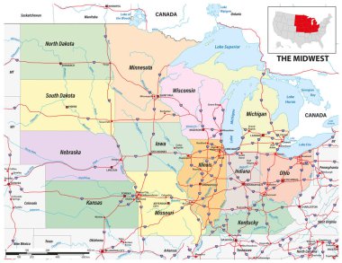 Amerika Birleşik Devletleri 'nin orta batı bölgesinin haritası