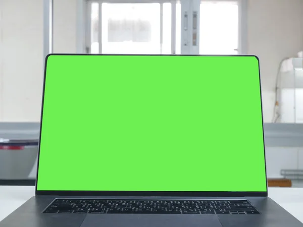 Laptop Con Schermo Verde Nel Concetto Comunicazione Tecnologica — Foto Stock