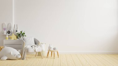 Mockup wall in the children's room with gray armchair on light white color wall.3d rendering