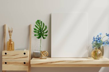 Evin arka planında dikey çerçeveli poster modeli 33d oluşturma