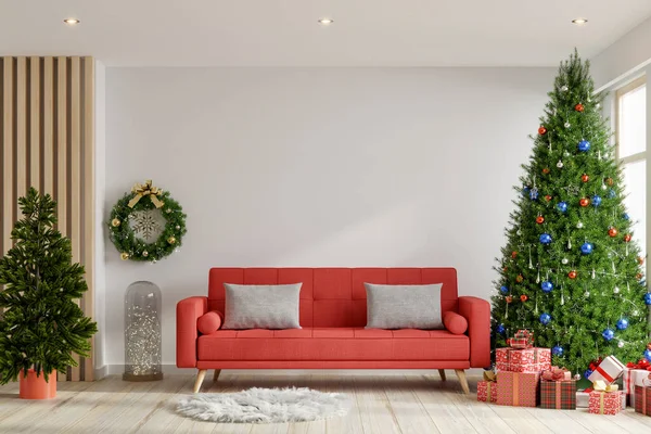 Sala Estar Interior Natal Com Sofá Vermelho Decoração Holiday Renderização — Fotografia de Stock