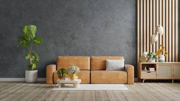 Living room interior with orange leather sofa in loft style house on concrete wall background.3d rendering