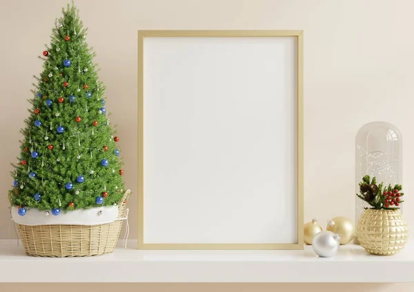 Χριστουγεννιάτικη Κορνίζα Mockup Κρέμα Χρώμα Τοίχο Στο Σαλόνι Χριστούγεννα Εσωτερικό — Φωτογραφία Αρχείου
