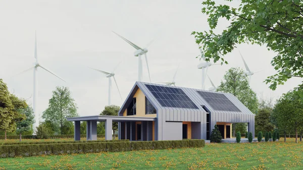 Modernes Ökohaus Mit Sonnenkollektoren Und Windmühlen Zur Nutzung Alternativer Energie — Stockfoto