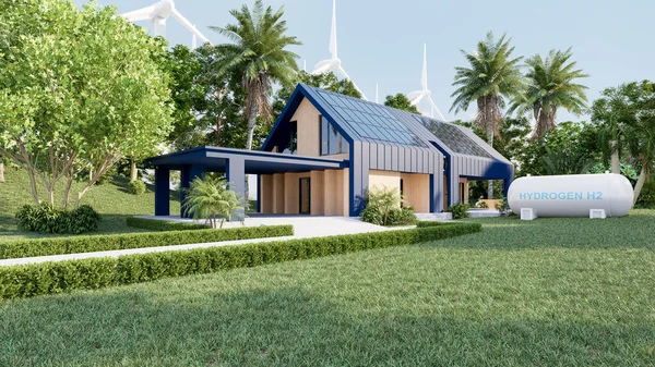 Wasserstoff Energiehaus Haben Sonnenkollektoren Und Windkraftanlage Darstellung — Stockfoto