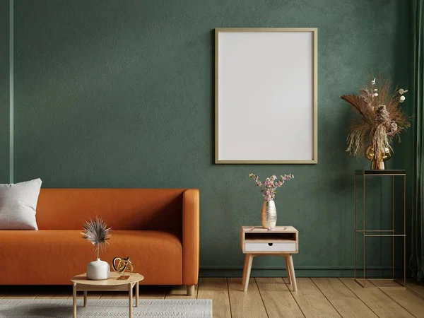 Mock up poster frame in in dark green home interior with leather sofa.3d rendering