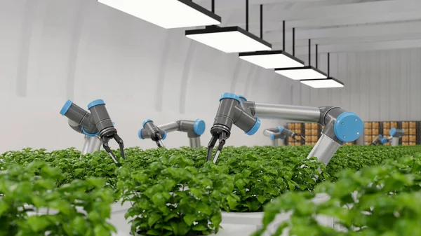 ロボット農業の未来的な概念では 農業技術と農場の自動化 3Dレンダリング — ストック写真