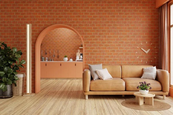 Orange tiles wall mock up in warm tones with leather sofa which is behind the kitchen room.3d rendering