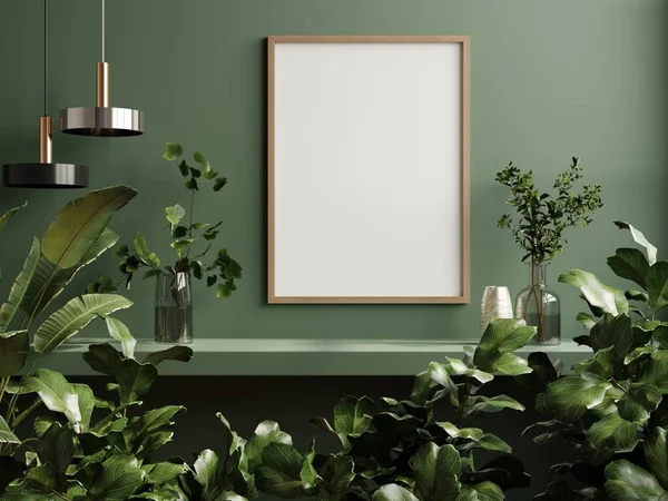 Mockup poster frame in minimalist interior background with dark green wall.3d rendering