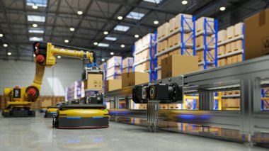 Taşımacılıkta AGV robotu ve robotik kolu olan fabrika otomasyonu, taşımayı 3D güvenli hale getirerek daha da artırmak için