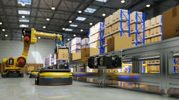 Factory Automation with AGV robot and robotic arm in transportation to increase transport more with safety.3d rendering