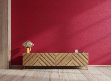 Cabinet for TV in modern living room on viva magenta wall background.3d rendering
