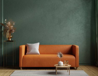 Style loft interior with leather sofa and accessories on empty dark green wall background.3d rendering