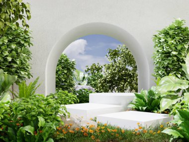 White pedestal in tropical forest for product presentation Behind is a view of the sky.3d rendering