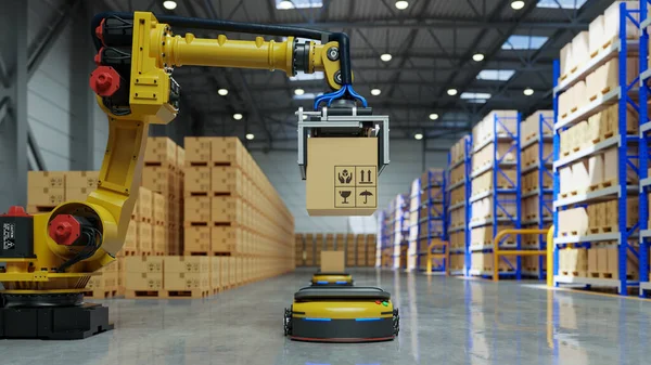 Factory Automation with AGV robot and robotic arm in transportation.3d rendering