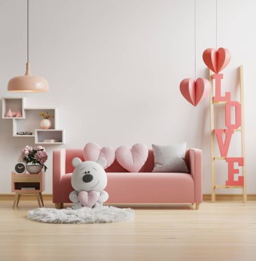 Valentine interior room with pink sofa and home decor for valentine's day.3d rendering