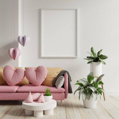 Mockup frame in the valentine's room with have sofa and home decor for valentine's day.3d rendering
