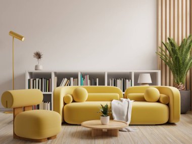 Library interior with yellow sofa and yellow armchair on white wall.3d rendering